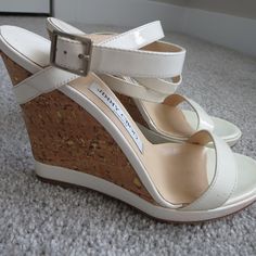 Item Specifics: Size: Us 6 6.5 / Eur 36 Color: Ivory Made In Italy Condition: In Great Used Condition Features: Leather Upper Open Toe Design Block Heel Style Round Toe Crisscross Ankle Straps Adjustable Ankle Buckle Closure Leather Outsole Rubber Outsole White Open Toe Heels With Leather Sole, Luxury White Patent Leather Sandals, White Patent Leather Open Toe Sandals, White Open Toe Patent Leather Sandals, White Patent Leather High Heel Sandals, Cream Patent Leather Sandals For Spring, Cream Patent Leather Open Toe Sandals, Designer White Patent Leather Sandals, High Heel Cream Patent Leather Sandals