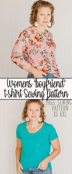 two women standing next to each other with the words women's boyfriend t - shirt sewing pattern