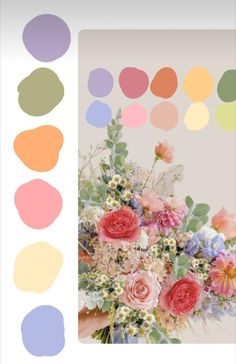 a bouquet of flowers is surrounded by color swatches for the image in this postcard