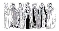 a line up of women in evening gowns