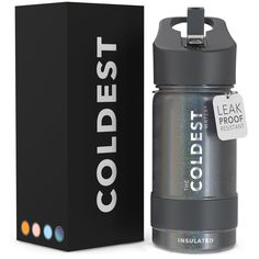 the coldest insulated water bottle is in front of a black box with white lettering that says coldest