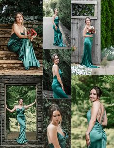 a woman in a long green dress posing for pictures with her hands on her hips