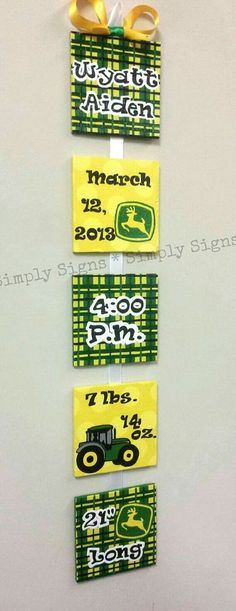 three tickets are hanging on the wall with yellow ribbon and two green tags that say march 13th, 2013