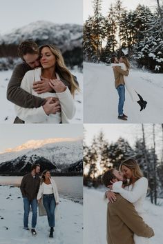 a man and woman are hugging in the snow