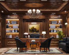 an elegant office with wood paneling and chandelier above the desk is flanked by two black leather chairs