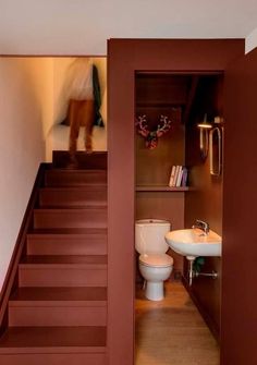 Small Rustic Bathroom Ideas, Under Stairs Space, Small Rustic Bathroom, Under Stairs Storage Ideas, Stairs Storage Ideas, Space Under Stairs, Bathroom Layout Ideas, Small Downstairs Toilet, Under Stairs Storage