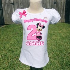 1st Birthday Shirt Ideas, Minnie Mouse 1st Birthday Shirt, Minnie Mouse 1st Birthday, Personalized Birthday Shirts, 1st Birthday Shirts, Girl Shirts, Pink Minnie, Happy 2nd Birthday, Birthday Girl Shirt