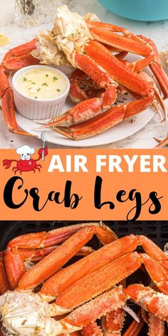 air fryer crab legs with dipping sauce on the side and an image of crabs