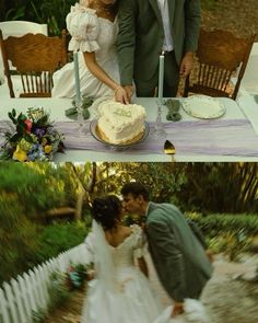 two pictures of a bride and groom cutting their wedding cake at the same time,