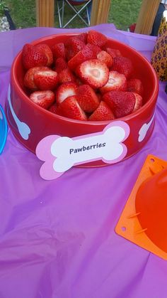 a bowl of strawberries on a purple tablecloth with a dog bone shaped tag