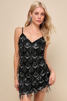 You'll light up every room you enter in the Lulus Signature Sparkle Black Sequin Fringe Bodycon Mini Dress! Sheer mesh (atop a black knit liner), adorned with sparkling silver sequins that create a fun fringe throughout, falls from adjustable satin spaghetti straps into a V-neckline and darted bodice. The figure-fitting silhouette falls to a flirty mini hem, perfect for showing off your favorite stilettos! Hidden zipper/clasp at back. Fit: This garment fits true to size. Length: Mid-thigh. Size Fall Cocktail Dress, Mini Dress Sequin, Gatsby Costume, Taylor Outfits, Casual Formal Dresses, Mini Bodycon Dress, Casual Wedding Dress, Party Dress Short, Fringe Dress