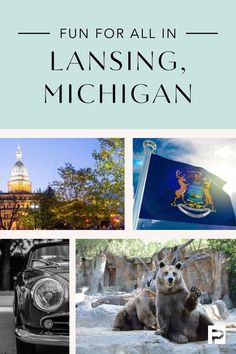 the michigan state flag and other images with text that reads fun for all in lansing, michigan