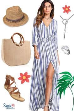 Beachwear for women: Feel fabulous in this blue striped dress beach outfit. A casual summer maxi dress sets the tone. Add a statement straw bag along with a fedora style sun hat, and you’re ready for your next beach vacation. SugarsBeach.com #SugarsBeach Casual Summer Maxi Dress, Blue Stripped Dress, Dress Beach Outfit, Fedora Style, Adorable Clothes, Dress Sets, Feminine Fashion, Pants Women Fashion, Summer Beach Outfit