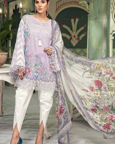 Gorgeous stunning purpal white color combination Jaal Work Lawn dress with Chiffon Dupatta, , multi-color embroidery, jaal work shirt with elegant floral print Chiffone dupatta and White color tulip Shalwar. Cool fresh color for hot summer. Available at your doorstep in US.For Order and more detail visit our Website: NameeraByFarooq.com or Call/ Whatsaap: +1 732-910-5427 #bluedress #pakistanidress #Chiffondupatta #indiansuit #designermdress #tulipshalwar Net Dress Design, Tulip Shalwar, Combination Dresses, Dps For Girls, Net Dress, Lawn Dress, Cotton Dress Material, Maria B, Fresh Color