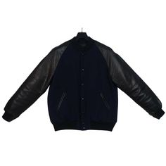 Navy Blue Raglan Sleeves Wool Leather Varsity Jacket - Battlestar Clothing & Gears Co Leather Varsity Jackets, Baseball Jacket, Custom Embroidery, Black Rib, Leather Interior, High Quality Leather, Cowhide Leather, Raglan Sleeve, Snap Closure