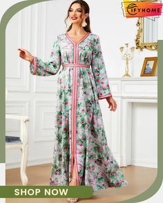 Women's Arabian Polyester Full Sleeves Floral Pattern Dress V-neck Floral Print Dress For Eid, Printed V-neck Dress For Eid, Long Floral Print Dresses For Eid, Pink Printed Dress For Eid, Eid Pink Printed Dresses, Fitted Casual Dress For Eid, Casual Fitted Dresses For Eid, Floral Print Dress For Eid Vacation, Floral Print V-neck Dress For Eid