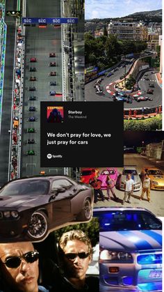 a collage of photos with cars and people in the background, including an image of a man driving a car