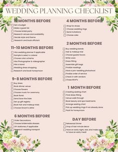 wedding planning checklist with flowers and greenery on the top, in pink background