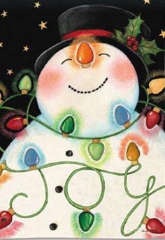 a snowman wearing a top hat and scarf with holly garlands around his neck