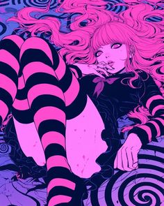 a woman with pink hair laying on top of a purple and black striped floor covering