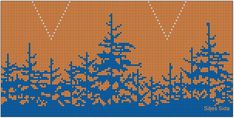 an orange and blue background with snowflakes on the bottom, and trees in the middle