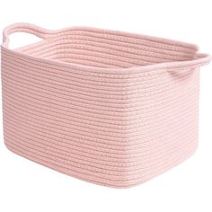 a pink storage basket with handles on the top and bottom, is shown in front of a white background