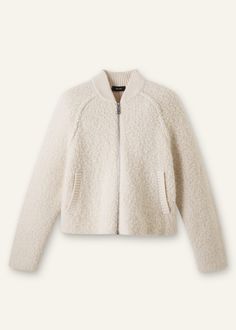 Chunky Wool Bouclé Knit Bomber | ME+EM Cozy Wool Sweater With Soft Texture, Cream Knitted Wool Outerwear, Beige Textured Knit Wool Outerwear, Cozy Cream Merino Wool Outerwear, Cream Wool Chunky Knit Outerwear, Cozy White Merino Wool Outerwear, White Chunky Knit Wool Outerwear, White Wool Knit Outerwear, Cozy Textured Knit Cream Outerwear