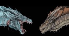 two dragon like creatures facing each other on a black background, one with its mouth open and the other without it's head