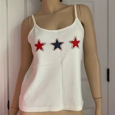 New Tommy Hilfiger Jeans Tank Top With Stars - White 100% Cotton Casual Summer Tops With Star Logo, White Summer Tops With Star Logo, White Casual Top With Star Patch, Casual White Top With Star Patch, White Star Print Top For Summer, Jeans Tank Top, Hot Pink Tank, Striped Sleeveless Top, Halter Tank Top