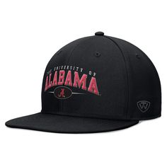 Complete your Alabama Crimson Tide game day outfit with this Top of the World Bullpen Snapback Hat. This Alabama Crimson Tide hat features a bold team logo and wordmark embroidered on the crown, making it a standout piece for any fan. With its classic six-panel construction and eyelets, this hat offers a comfortable and breathable fit for all-day wear. The snapback closure ensures a secure and adjustable fit, making it a versatile choice for game days or everyday wear. Adjustable Flat Bill Baseball Cap For Game Day, Flat Brim Hats For College Baseball Season, Adjustable Flat Bill Hats For College, Adjustable Baseball Cap For Game Day, Game Day Flat Bill Adjustable Hat, Adjustable Flat Bill Hat For Game Day, Adjustable Fitted Cap For Game Day, Adjustable Cap For Game Day, Collegiate Flat Brim Hats For Fan Gear