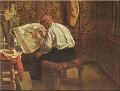 a painting of a man looking at a map