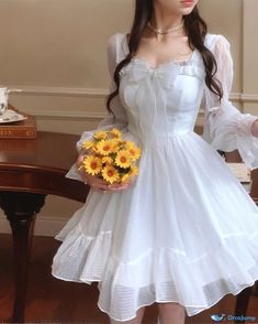 OrcaJump - Exquisite Princess Dress Featuring a Delicate Waist Bow and Charming Butterfly Embellishments Gaun Fashion, Fairy Dresses, Kawaii Dress, Mini Robes, Grunge Makeup, Fairy Dress, Puffed Sleeves Dress, Lolita Dress, Long Sleeve Mini