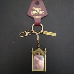 a harry potter keychain with a hogwarts house photo hanging from it