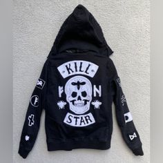 Killstar Jacket With Patches **No Longer Has Removable Hood** Punk Long Sleeve Outerwear With Patches, Kill Star Clothing, Goth Battle Jacket, Punk Patch Hoodie, Goth Patch Jacket, Jacket With Patches, Jackets & Coats, Jackets For Women, Black White