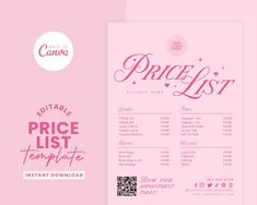 the price list is displayed on a pink background