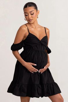 Kai Black Cami Babydoll Maternity Mini Dress With Ruffle Cold Should – Club L London - USA Perfect Black Dress, Cold Shoulder Sleeves, Velvet Prom Dress, Club L London, Babydoll Mini Dress, Bachelorette Party Outfit, Black Cami, Black Dress Prom, Stretch Cotton Fabric