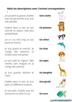 the words in french are used to describe different animals and their names, as well as pictures