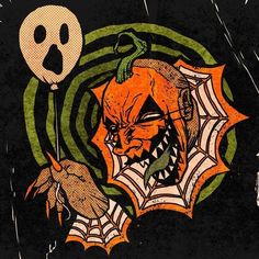 an orange and black drawing of a demon holding a balloon with a ghost face on it