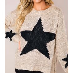 Brand New With Tags Soft And Comfy Sweater Size Is M/L Big Star On The Front Small Star On Each Sleeve Thanks For Looking Cream Knit Sweater, Tie Dye Sweater, Boxy Sweater, Linen Sweater, Star Sweater, Cozy Pullover, Wool Turtleneck, Print Sweater, Comfy Sweaters