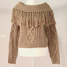 Olivaceous Big Collar Sweater With Tassels All Around. New Without Tags. Fall Beige Fringe Top, Trendy Fringe Tops For Winter, Chic Sweatshirt, Big Collar, Viral Tiktok, Mom And Grandma, Collar Sweater, Long Sweaters, Soft Plush