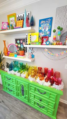 there are many colorful items on the shelf