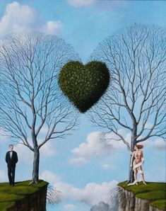 two people are standing on the edge of a cliff with trees in the shape of a heart