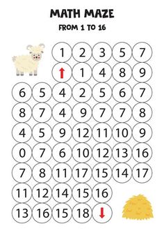 a printable math maze for kids with sheep and hay on the ground, including numbers 1 to 15