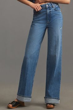 98% cotton, 2% elastane Five-pocket styling Front zip Machine wash Imported | Sasha Cuffed High-Rise Wide-Leg Jeans by PAIGE in Blue, Women's, Size: 23, Cotton/Elastane at Anthropologie Fashion Things, High Rise Wide Leg Jeans, Cuffed Jeans, Wide Leg Jeans, Leg Jeans, Anthropologie, Wide Leg, High Rise, Cuff