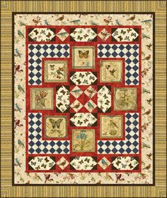 a quilt made with squares and flowers on the front is red, white, and blue