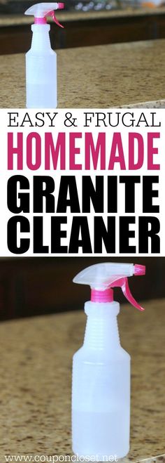 two spray bottles with the words easy and frugal homemade granite cleaner on them