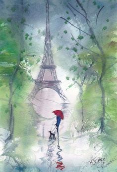 a painting of the eiffel tower with a person holding an umbrella