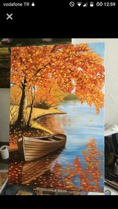 a painting of a boat in the water with fall leaves on it's trees