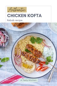 the cover of authentic chicken kofta kebab recipe is shown on a plate