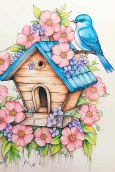 a blue bird sitting on top of a birdhouse with pink flowers and birds around it